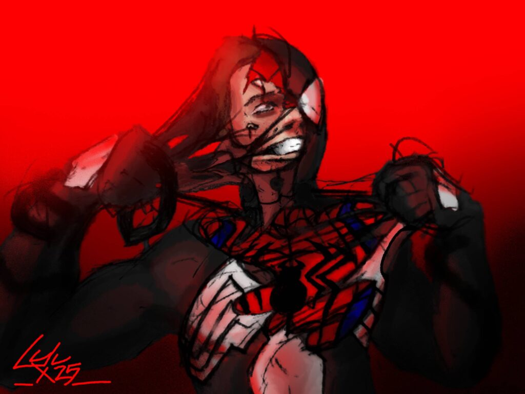 Spiderman painfully tearing away Venom